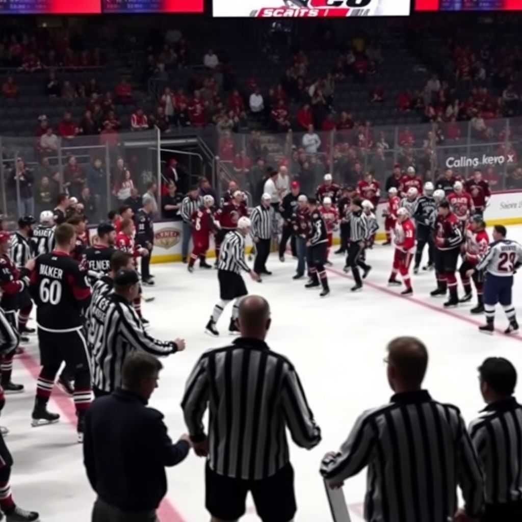 Драка игроков Амура и Нефтехимика на рукопожатии после матча КХЛ